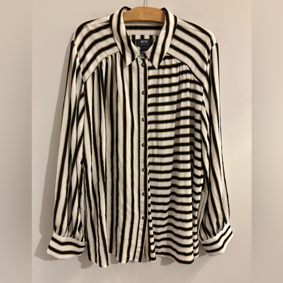 Maeve by Anthropologie black white tan stripe Blouse - Picture 1 of 8